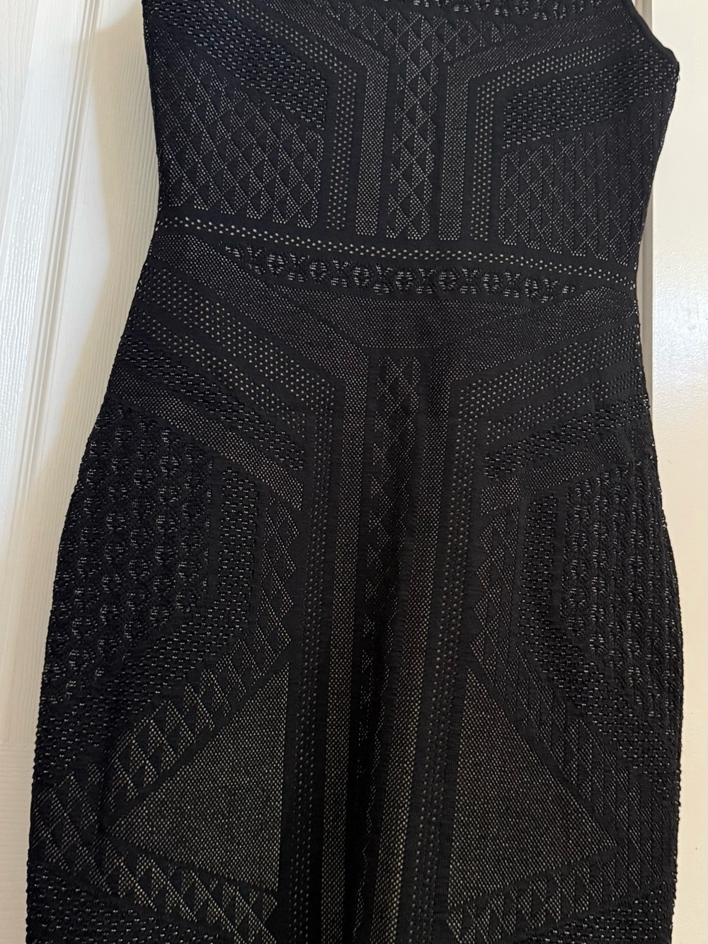 Carmen Marc Valvo Black Strapless Textured Bodycon Dress